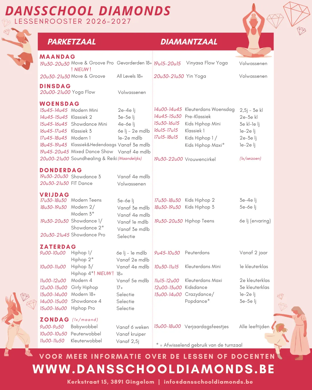 Affiche met het volledige lessenrooster 2026-2027 van Dansschool Diamonds